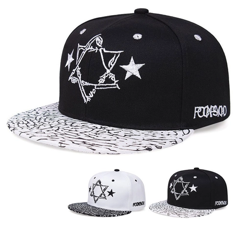 Casquette Snapback Visière Plate Acrylique Broderie Étoile Motif Craquelé Streetwear Hip Hop Réglable