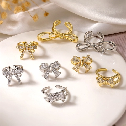 Eleganter Kupfer Schleife Zirkonia Offener Ring Für Damen Verstellbarer Mikro Pave Zirkon Fingerring Mode Schmuck Accessoire