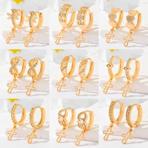 Fashion Gold Plated Copper Rhinestone Cross Drop Hoop Earrings For Women Religious Elegant Dangle Jewelry Accessories