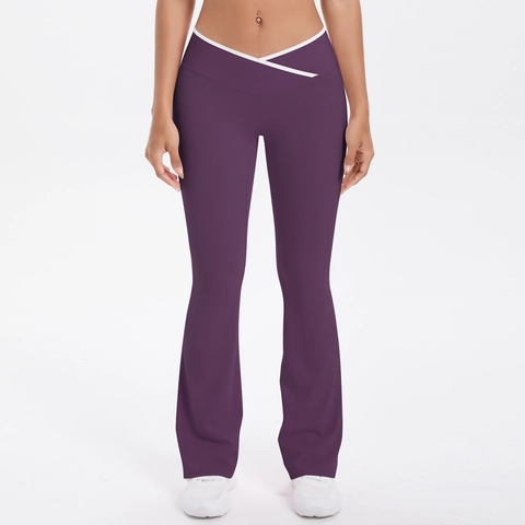 Damen Flare Yoga Hose Mit Hoher Taille Überkreuztem Bund Nylon Elasthan Schmale Passform Schlaghose Leggings