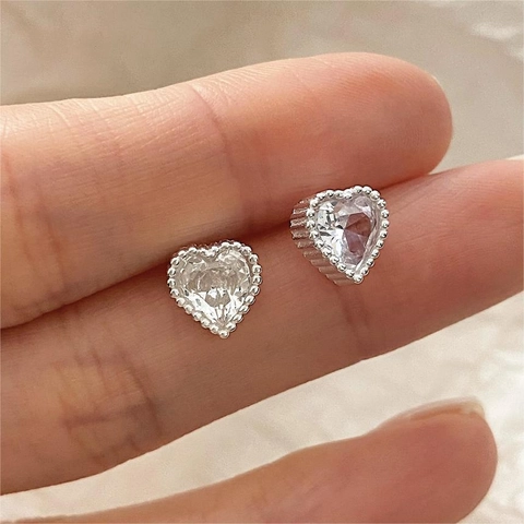 Orecchini A Cuore Con Zircone E Perno In Argento Sterling 925 Bordo Zigrinato Stile Coreano Minimalista Donna