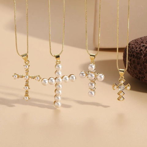 Collana Con Ciondolo A Croce Con Perla Artificial In Rame E Zircone Gioielli Religiosi Eleganti Per Donne Moda Vintage Placcato Oro