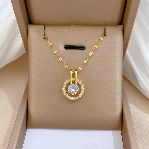 Collana Con Pendente In Zircone Rotondo Catena In Acciaio Inossidabile Colore Oro Gioielli Halo Eleganti Per Donna