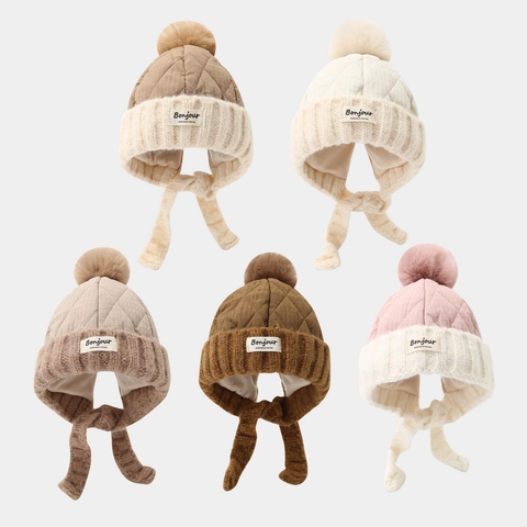 Cappello Con Paraorecchie Invernale Bambini Maglia Trapuntato Caldo Esterno Antivento Pompon Beanie Ragazzi Ragazze