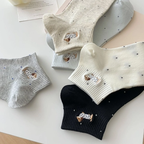 Calze Al Caviglia In Cotone Kawaii Da Donna Traspiranti Assorbenti Sudore Pois Ricamo Cucciolo Stile Coreano Casual