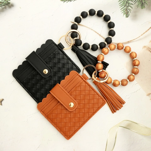 Silicone Beaded Wristlet Keychain PU Leather Woven Card Holder Tassel Wallet Key Ring Accessory For Women