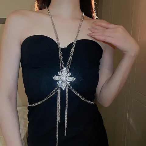 Elegante Catena Per Il Corpo Con Ciondolo A Croce Fiori Di Künstliche Perle E Strass Lunga Nappa Gioielli Da Petto Multistrato Party