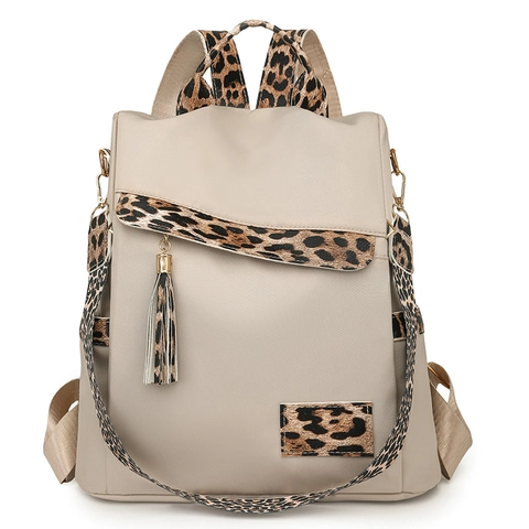 Fashion Women Backpack Nylon Leopard Print Tassel Waterproof Large Capacity Travel Rucksack Casual Versatile Daypack
