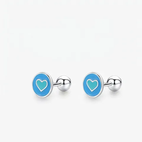 Orecchini A Lobo Tondi In Smalto Con Cuore Blu E Perno In Argento Sterling 925 Per Donna Stile Minimalista