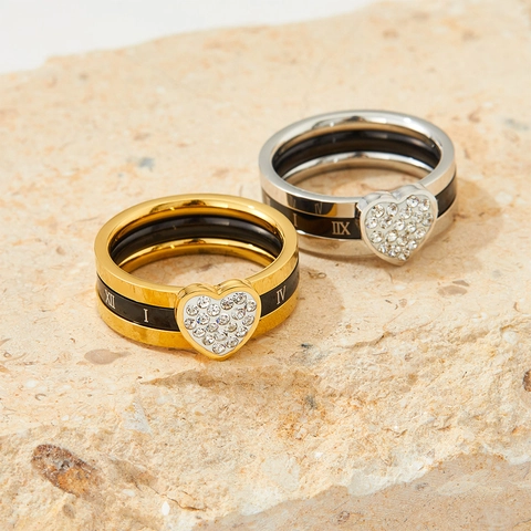 Edelstahl Herz Spinning Ring Für Frauen Römische Zahlen Schwarzes Emaille Inlaid Strass Rotierender Modeschmuck