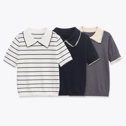 Top In Maglia A Maniche Corte Da Donna Bordo In Pizzo Colletto Peter Pan Retro Casual Polo A Righe Stile Elegante