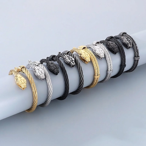 Animal Head Stainless Steel Wire Cable Cuff Bracelet Punk Hip Hop Woven Rope Bangle For Men Women