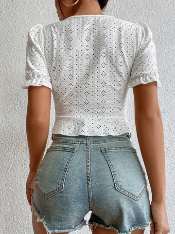 Damen Eyelet Spitze Crop Top Puffärmel Kordelzug V-Ausschnitt Stickerei Süßes Sommer Kurzarm Polyester Top