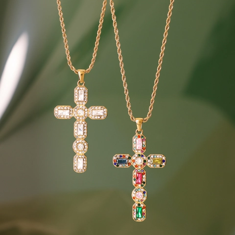 18K Gold Plated Stainless Steel Cross Pendant Necklace For Women Inlaid Multi-color Rhinestone Personalized Christian Jewelry Gift
