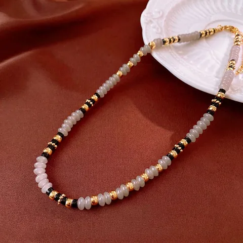 Double Layer Beaded Necklace Natural Agate Grey Black Gemstone Copper Beads Adjustable Vintage Light Luxury For Women