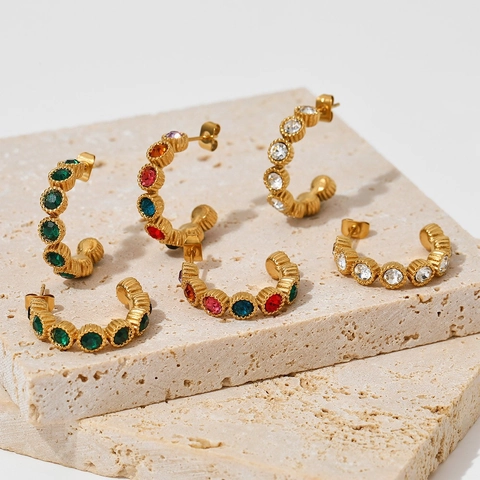 Vintage C-Shaped Hoop Earrings Stainless Steel With Colorful Zircon Inlaid Textured Metal Retro Jewelry For Women