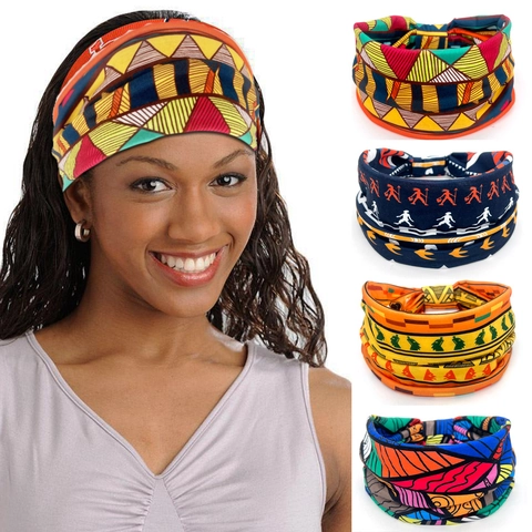 Bohemian African Tribal Geometric Print Headband For Women Wide Elastic Knotted Hairband Yoga Sports Boho Hair Accessory