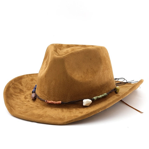 Western Cowboy Hat Faux Suede Wide Brim Ethnic Bead Shell Decorative Fedora Vintage Style For Men Women