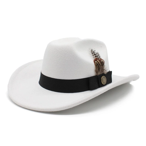 Retro Western Cowboy Fedora Hat Wool Felt Feather Decor Wide Brim British Style For Men Women