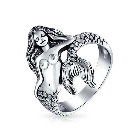 Vintage Copper Mermaid Open Ring For Men Antique Thai Silver Style Mythological Siren Adjustable Finger Ring Punk Hip Hop Statement Jewelry Gift
