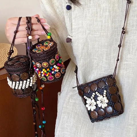 Bohemian Handmade Woven Mini Bag Necklace Coconut Shell Wooden Beads Ethnic Vintage Pouch For Earphone Lipstick Women