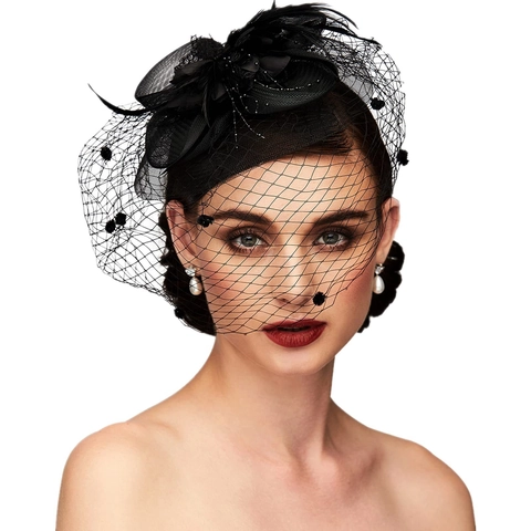 Elegant Mesh Feather Fascinator Hat For Women Wedding Tea Party Derby Retro Polka Dot Veil Hair Accessory