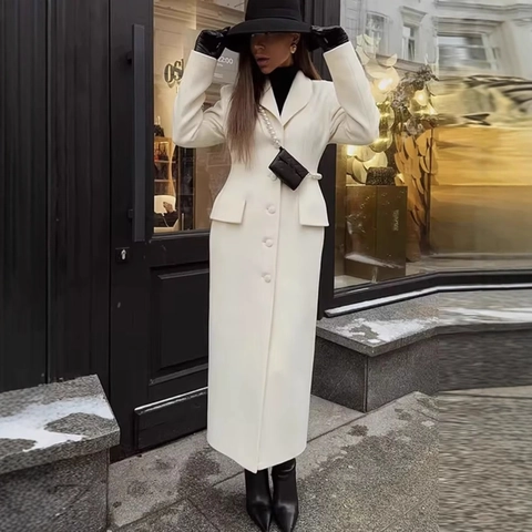 Women Long Woolen Overcoat Slim Fit Lapel Single Breasted Solid Color Warm Elegant Winter Jacket Outwear