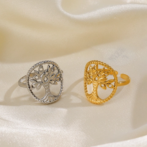 Lebensbaum Ring Edelstahl Verstellbar Offen Hohl Rundes Baummuster Minimalistischer Schmuck Für Damen