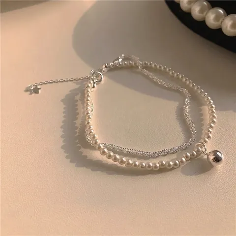 Bracelet Künstliche Perles Double Couche Alliage Couleur Argent Boule Pendentif Étoile Élégant Style Français Bijoux Femmes