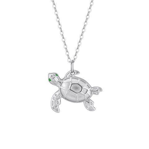 925 Sterling Silver Sea Turtle Pendant Necklace For Women Minimalist Animal Clavicle Chain With Green Rhinestone Eyes Inlaid Jewelry