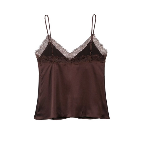 Débardeur Camisole En Satin Pour Femmes Avec Bordure En Dentelle Col En V Bretelles Spaghetti Sexy Marron Texture Satin