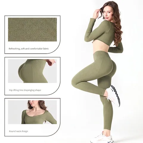 Top Corto A Maniche Lunghe Yoga E Leggings A Vita Alta Da Donna A Costine Senza Cuciture Palestra Abbigliamento Sportivo