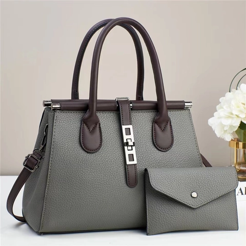 Tote Bag And Envelope Wallet Lychee Pattern PU Leather Contrast Color Business Commute For Women