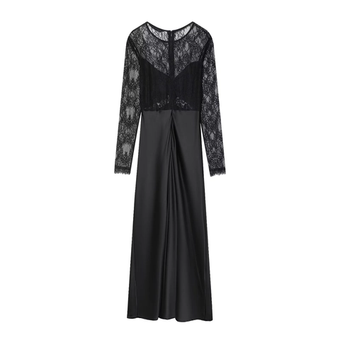 Elegante Abito Maxi Nero Da Donna Con Patchwork Di Pizzo E Maniche Lunghe Abito Da Sera In Raso
