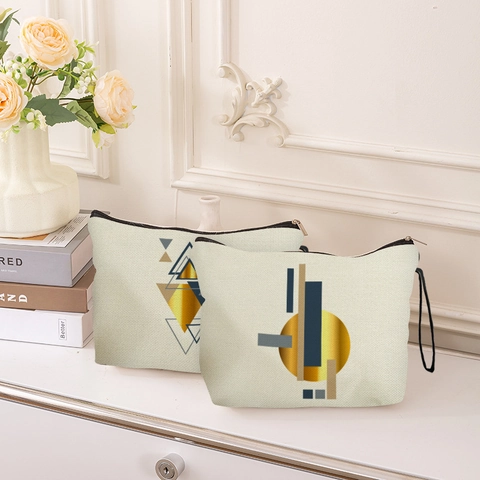 Makeup Bag Geometric Abstract Print Fine Linen Cosmetic Pouch Portable Travel Storage Organizer With Wristlet Alloy Zipper