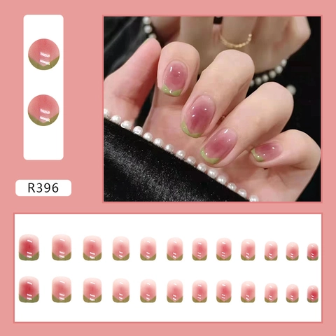 Press On Nails Pink Green Gradient French Tip Round Head Short Glossy Fake Nails Removable Manicure For Women