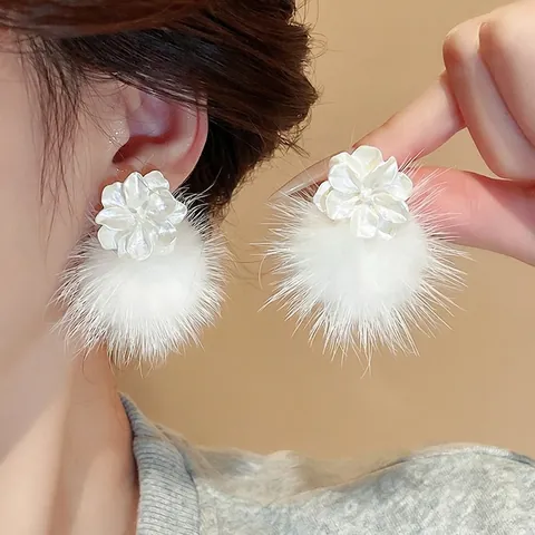 Flower Pom Pom Stud Earrings Alloy Mink Fur Acrylic Petal With Silver Earring Post French Style Elegant Jewelry For Women