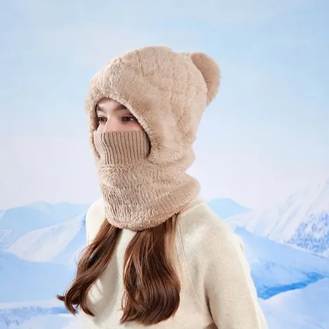 Cappello Sciarpa Maschera Integrato Inverno Poliestere Maglia Fodera Peluche Antivento Caldo Protezione Orecchie Donne