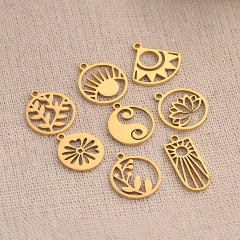 Dijes De Acero Inoxidable 304 Pulido Espejo Hueco Loto Hoja Tai Chi Tropicales Para Creación De Joyas DIY Pendientes