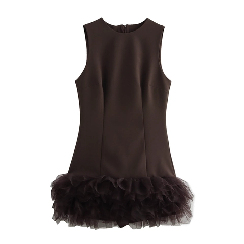 Women Sleeveless Mini Dress Polyester Mesh Splicing Round Neck Elegant Slim Fit A-Line Fashion Ruffle Hem