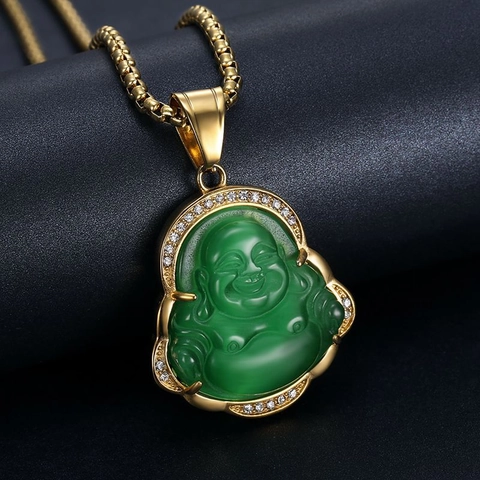 Collana Con Ciondolo Buddha Ridente Placcato Oro Acciaio Inossidabile Finta Giada Strass Gioielli Hip Hop