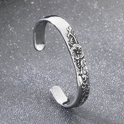 Gesneden Bloemen Open Manchet Armring Roestvrij Staal Vintage Retro Etnische Stijl Verstelbaar Patroon Met Reliëf Van Wijnstokken