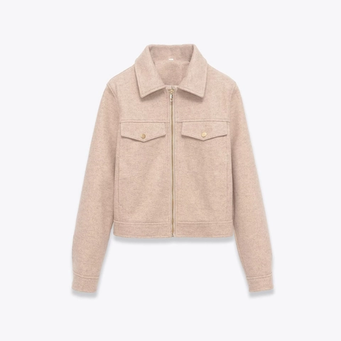 Chaqueta Casual Para Mujer Con Cremallera Color Sólido Poliéster Lana Texturizada Manga Larga Cuello Vuelto Con Bolsillos