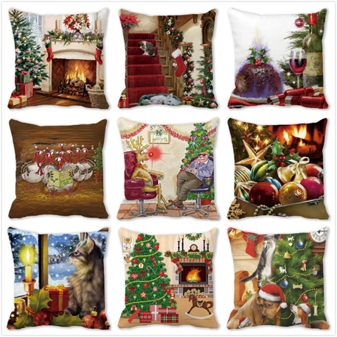 Christmas Cushion Cover Peach Skin Velvet Square Throw Pillow Case For Sofa Home Decor Holiday Printed Cartoon Pattern