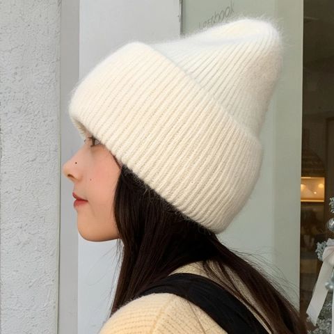 Damen Winter Warme Kaninchenhaar Strickmütze Flauschig Umschlag Rippenstrick Dicke Schicht Einfarbig Outdoor Weich
