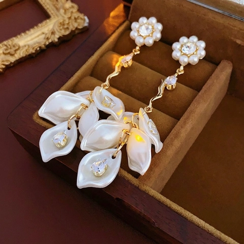 Pendientes Largos Elegantes Con Borlas Florales Retro De Circón Imitación De Perla Artificial Y Poste De Plata Para Mujer