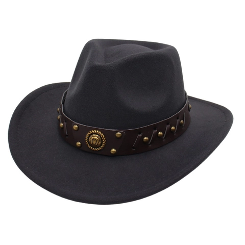 Western Cowboy Hat Retro Felt Fedora With Leather Band Metal Rivets Vintage Ethnic Style Wide Brim Jazz Cap For Men Women