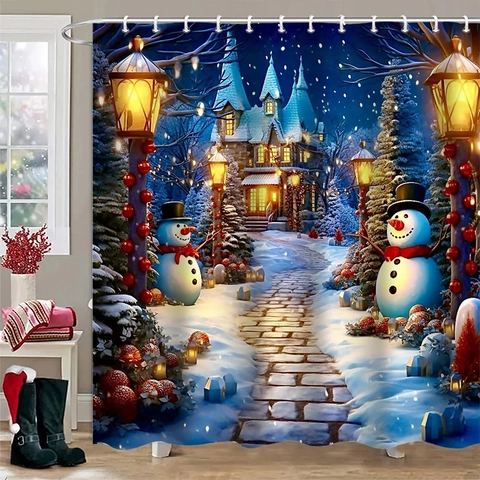 Tenda Da Doccia Natale Pupazzo Di Neve Paesaggio Invernale Impermeabile Poliestere Decorazione Bagno Con Ganci
