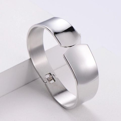 Brazalete Ancho Minimalista Pulsera De Acero Inoxidable 316 Pulido Espejo Apertura Con Bisagra Joyería Para Mujer