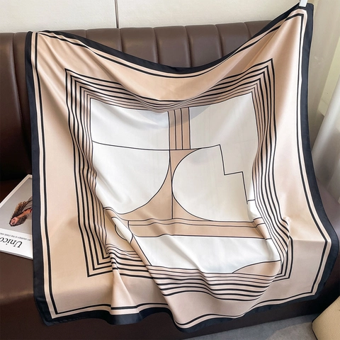 Elegante Foulard Quadrato Da Donna Stampa Geometrica Twill Di Poliestere Sensazione Raso Scialle Moda Versatile